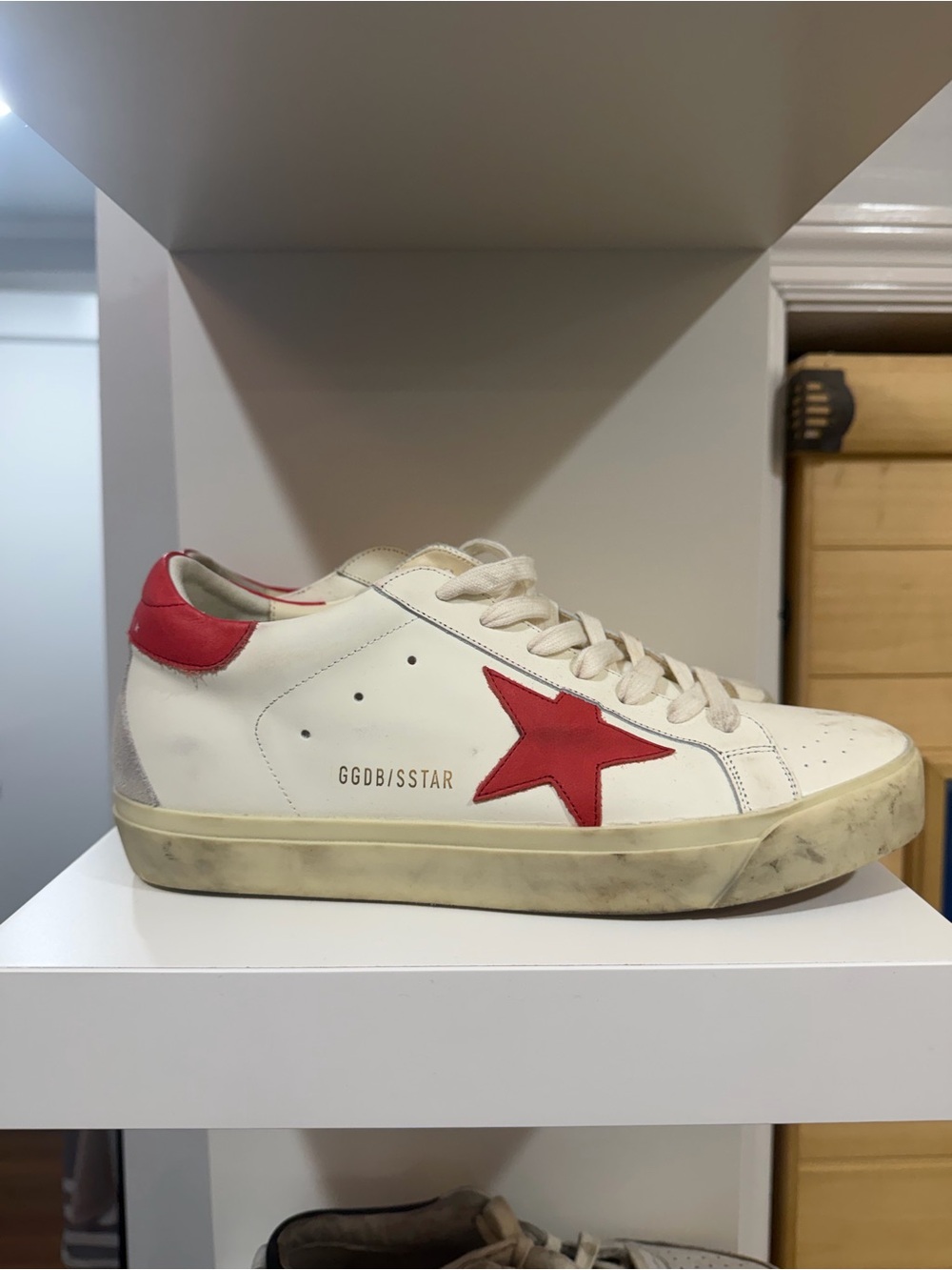 Golden Goose Men's White Leather Sneakers with Red Star Accent